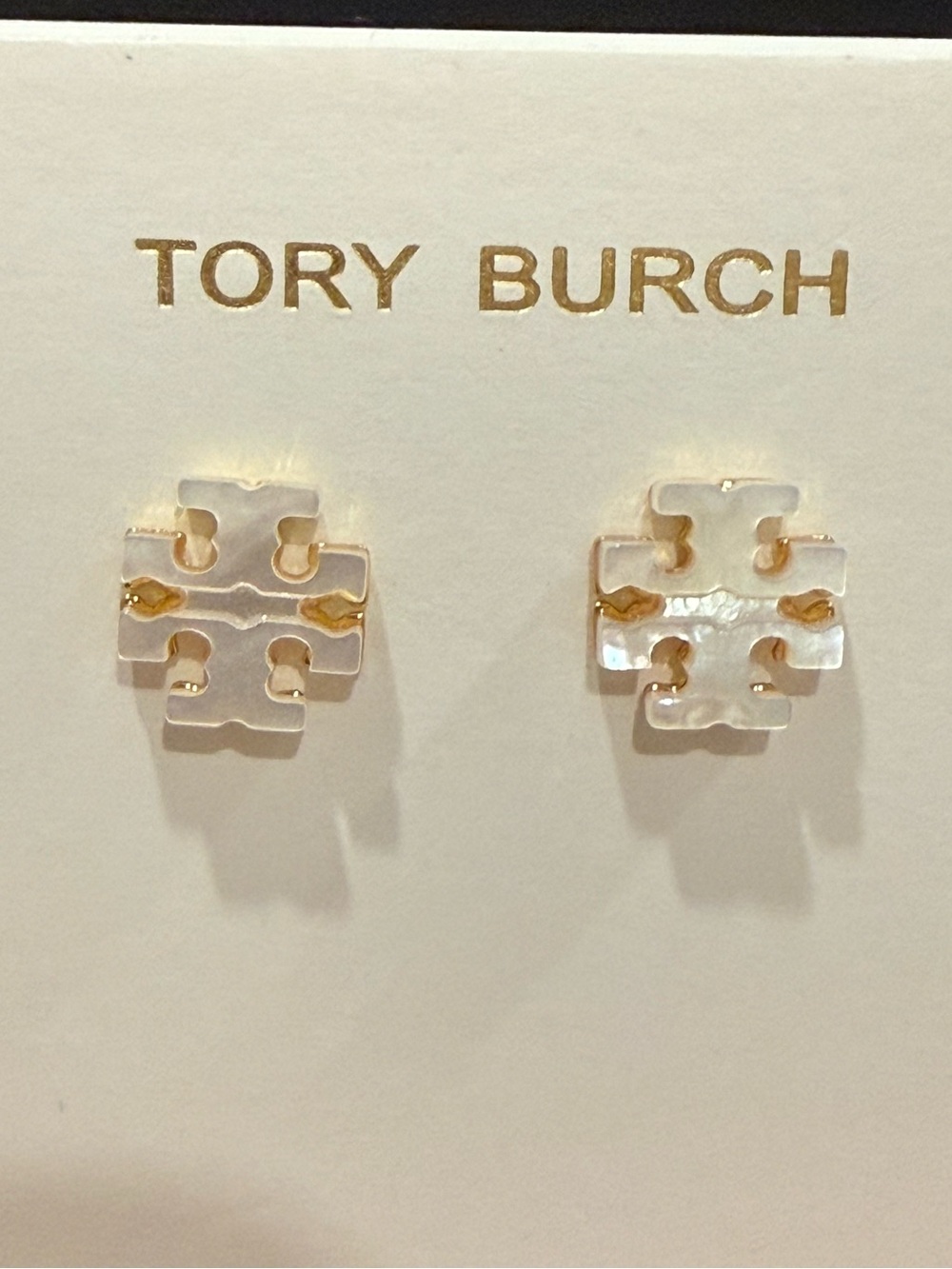Tory Burch | Gold Plated & Mother of Pearl Logo Stud Earrings | Small